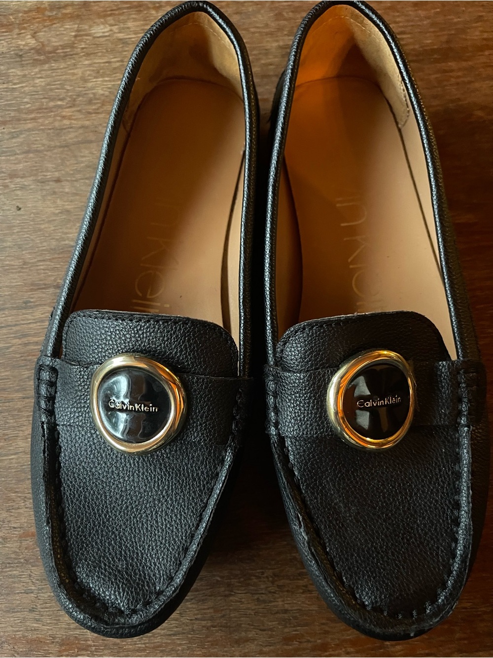 Calvin Klein womens Black Leather Moccasin Loafers